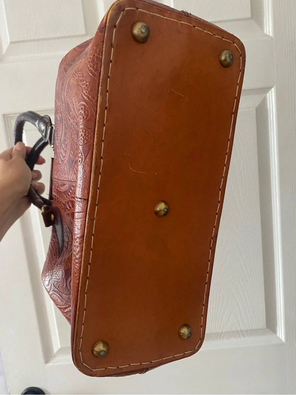 Vintage Leather Satchel Embossed Handbag Brown Medium Size Tooled Leather Boho